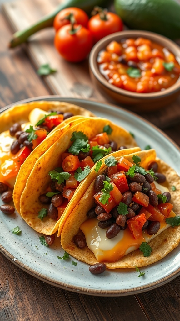 Crispy tortillas topped with cheese, beans, and salsa, garnished with cilantro on a wooden table.
